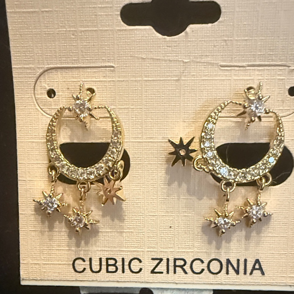 Gold and Silver Cubic Zirconia Star and Moon Earrings
